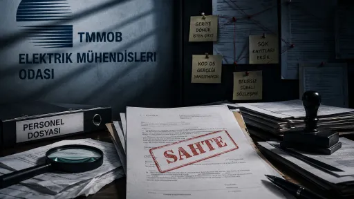 Elektriki M&uuml;hendislieri Odası logosunun &ouml;n&uuml;ndeki masada sahte evraklar