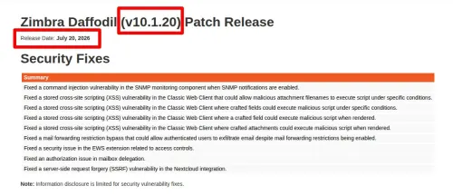 Zimbra 10.1.20 sürümü ekran görüntüsü